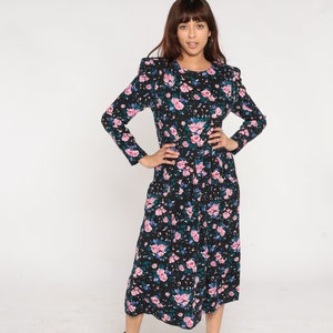 90s Flower Dress Black Grunge Dress Ditsy Floral Midi Dress Boho Flowy High Waist Long Sleeve Power Shoulder Pink Vintage 1990s Medium 10