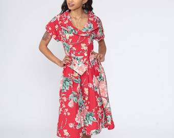 Red Floral Dress 80s Party Dress Full Skirt Blossom Print Midi Boho High Waisted Button Up Vintage 1990s Small
