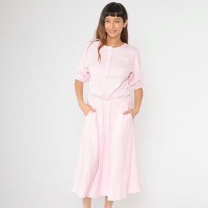 knee length dresses for ladies Long-Sleeved Midi Dress with Flared Skirt in Plain Lipstick Pink Silk –  Lalage Beaumont