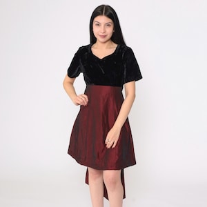Vintage 90er Party Kleid Schwarzer Samt Burgund Taft Mini Kleid Retro High Waist Bow Back Formelles Minikleid zum Ausgehen 1990er Jahre S