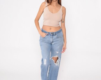 Pantalones vaqueros con rodillas rotas, pantalones vaqueros Lee de los años 90, tiro medio, pierna recta, pantalones vaqueros desgastados y relajados, pantalones vaqueros azules, estilo boyfriend, retro, vintage, años 90, talla mediana 32