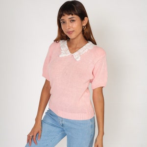 Baby Pink Sweater Top 90s Lace Granny Collar Blouse Pastel Knit Shirt Short Sleeve Girly Retro Boho Spring Cotton Ramie Vintage 1990s Small