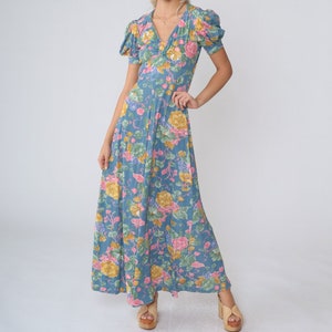 Blue Floral Dress 70s Maxi Dress Puff Sleeve Boho Hippie Flower Print Empire Waist V Neck Festival Summer Long Vintage 1970s Extra Small xs