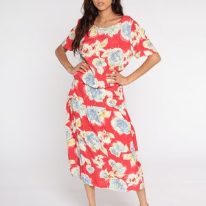 Rotes Blumen Kleid Midi Grunge Button Back Dress Boho 90er Jahre Boho Blouson Kleid 1990er Jahre Kurzarm Vintage Gartenparty Medium
