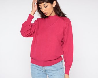 Deep Pink Wool Blend Sweater 80s Pullover Slouchy Plain Knit Vintage 1980s Preppy Jumper Medium Large