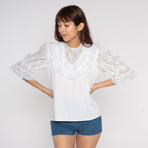 White Lace Bib Blouse 80s Puff Sleeve Blouse Victorian Shirt Retro Cottagecore Lolita Ruffle Romantic Feminine Retro Vintage 1980s Medium