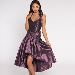 Purple Taffeta Dress 90s Party Dress High Low Full Skirt Prom Dress Retro Bow Halter V Neck Cocktail Formal Vintage 1990s Extra Small XS