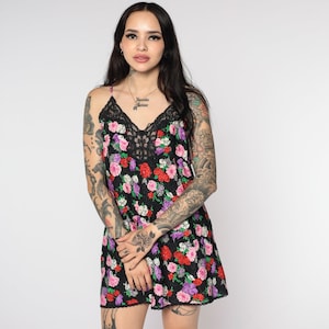 Floral Slip Dress Embossed Black Chemise Lace Lingerie Vintage 90s Lingerie Nightgown Mini Spaghetti Strap Sleep Sexy Minidress Medium