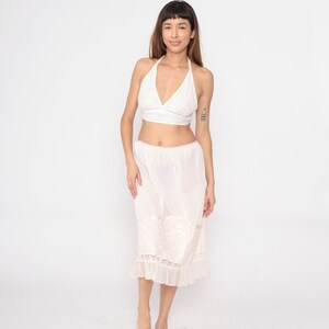 70s Slip Skirt Baby Pink Lace Floral Applique Semi-Sheer Lingerie Half Slip Midi Skirt Pleated Pastel Retro Vintage 1970s Medium Large
