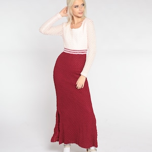 70s Crochet Dress Mod Maxi Dress Burgundy White Bohemian High Waisted Boho Open Weave Knit Party Cocktail Long Sleeve Vintage 1970s Small S