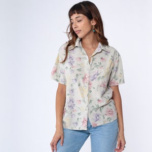Floral Silk Blouse 90s Button Up Shirt Beige Short Sleeve Collared Top Flower Leaf Print Boho Retro Bohemian Vintage 1990s Medium