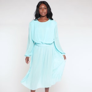 Pleated Blue Dress 80s Semi Sheer Blouson Dress Boho Secretary High Waisted Long Sleeve Midi Draped Pastel Vintage 1980s Medium Large