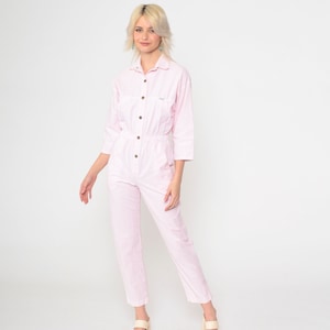 80s Ideas Jumpsuit Pink White Striped Tapered Pant Snap Button Up Jumpsuit High Waisted 1980s Vintage Pantsuit 3/4 Long Sleeve Small