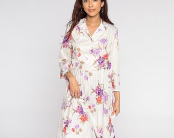 Cream Floral Dress 70s Midi Bohemian PLEATED Button Up Vintage Boho High Waisted Long Sleeve Romantic Vtg Hippie Disco Tropical Small Medium