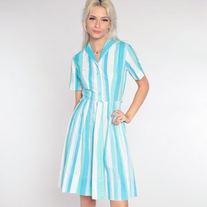 60s Day Dress Striped Shirtdress Blue White Midi 1960s Vintage Pleated Full Skirt High Waist Button Up Shirtwaist Extra Small xs