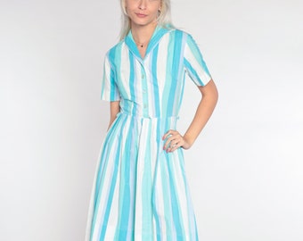 60s Day Dress Striped Shirtdress Blue White Midi 1960s Vintage Pleated Full Skirt High Waist Button Up Shirtwaist Extra Small xs