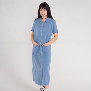 Blue Shirt Dress Y2k Tencell Midi Dress Button up Day Dress Retro Simple Casual Minimal Short Sleeve Pockets Vintage 00s Talbots Medium 8