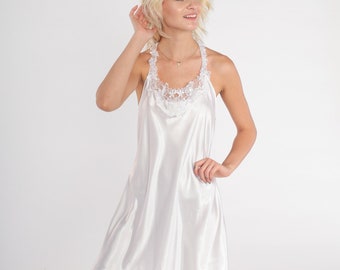 90er Weiß Slip Dress Perlen Dessous Mini Kleid Spitzenbesatz Satin Nachthemd Neckholder Riemchen Nachthemd Sexy Braut Chemise Vintage 1990er Jahre Medium M