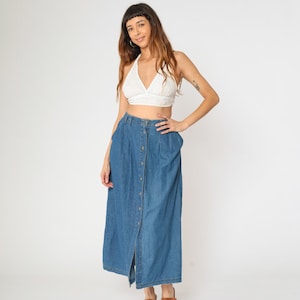 90s Denim Maxi Skirt Button Up Jean Skirt 1990s High Waisted A-Line Flared Skirt Retro Vintage Blue Small 6