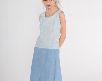 Mini robe mod des années 60 à rayures bleues Mini robe des années 70 taille basse Twiggy rétro vintage Go Go Minirobe sans manches blanc encolure dégagée Space Age Small