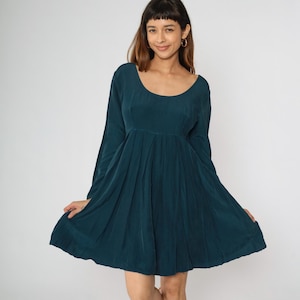 90s Babydoll Dress Dark Teal Mini Dress Scoop Neck Dress Grunge Pleated Empire Waist Long Sleeve Plain Vintage 1990s Rampage Dress Medium 9