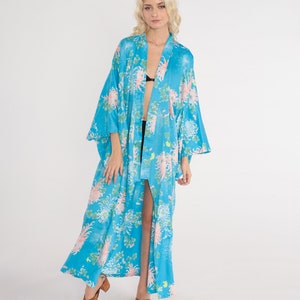 Long Floral Kimono 90s Blue Robe Open Front Maxi Jacket Japanese Full Length House Coat Flower Print Vintage 1990s Medium Extra Large M L XL