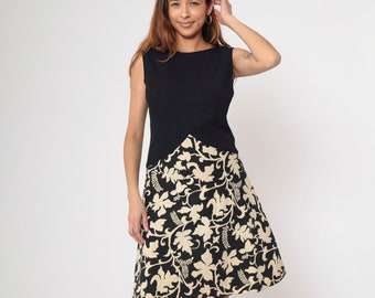 1960s Black and Cream Floral Dress 60s Ärmellos Fit and Flare Kleid V Rücken Boatneck Partykleid Midi Vintage Abendgarderobe Drop Waist Medium