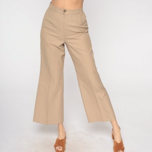 70s Trousers Tan Bell Bottom Pants Boho Hippie High Waisted Flared Wide Leg Retro Basic Seventies Flares Creased Vintage 1970s Small S 28