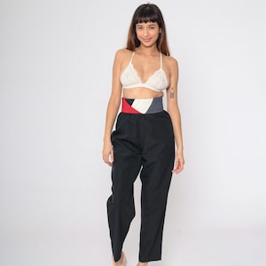 Vintage Black Trousers 80s 90s Pleated Color Block Waistband High Waisted Tapered Pants Slacks Office Preppy 1980s Small 9