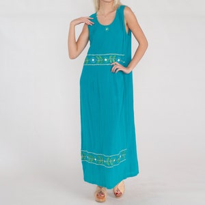 Blue Floral Dress Y2k Embroidered Maxi Dress Jumper Shift Sleeveless Summer Day Dress Rear Slit Turquoise Blue Hippie Vintage 00s Large L