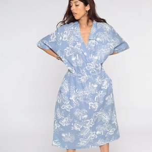 Blue Tropical Dress 80s Floral Palm Tree Dress Midi Boho Wrap Vintage High Waisted Slouch Bohemian Short Sleeve Summer Extra Large xl