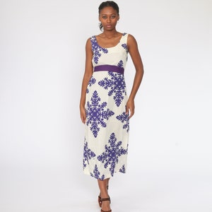 Hippie Boho Dress 70s Floral Midi Empire Waist White Purple Long 1970s Vintage Bohemian Sleeveless Garden Party Small xs s