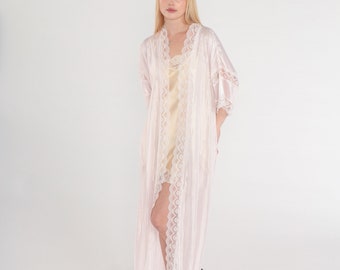 Pink Lace Robe 80s Semi-Sheer Lingerie Robe Long Bed Jacket Open Front Peignoir Boudoir Fredricks Hollywood Vintage 1980s Small Medium Large