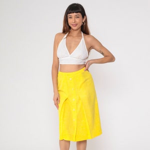 Yellow 70s Skirt Button Up Pleated Midi Skirt Flecked Pencil Skirt High Waisted Mod Skirt Retro 1970s Vintage Polyester Small Medium
