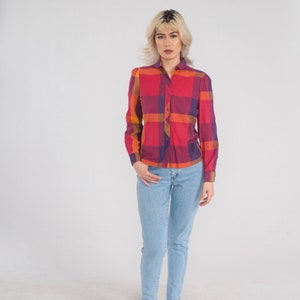 Vintage Checkered Blouse 80s 90s Button Up Shirt Puff Sleeve Top Plaid Check Print Blouse Red Yellow Purple Cotton 1990s Extra Small xs