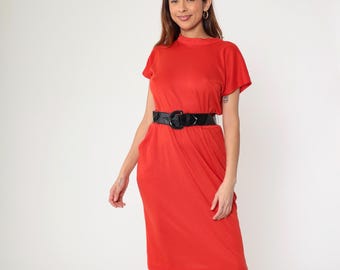 80s Red Pencil Dress Vintage Fitted Midi Dress Black Belted Mock Neck Short Sleeve High Waisted Secretary Sheath Plain 1980s Medium M