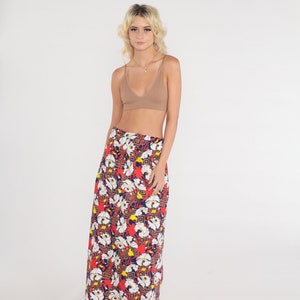 Floral Maxi Skirt 70s Bohemian Skirt Flower Psychedelic Print Boho Hippie Long Skirt High Waisted Retro Red White Blue Vintage 1970s Medium