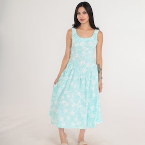 Floral Sundress 80s Light Aqua Blue Midi Dress Retro Sleeveless Basque Waist Sun Day Summer Pin Up Cotton Vintage 1980s Joni Blair Small S