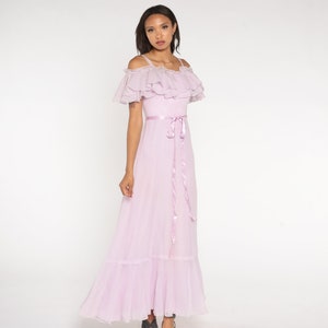 70s Prom Dress Lavender Maxi Dress Ruffled Off Shoulder Party Princess Gown Retro Flutter Girly Pastel Purple Vintage 1970s Extra Small xs
