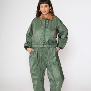 Vintage Green Ski Suit 80s Brown Corduroy Collar Nylon Quilted Lining Winter Sportswear One Piece Snowsuit Retro 1980s Zip Up Medium