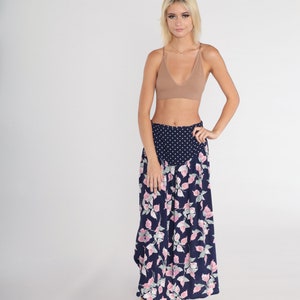 Polka Dot Floral Skirt 80s Maxi Skirt Navy Blue Flower Print Long Bohemian Skirt Summer Basque Waist Hippie Festival Vintage 1980s Medium M