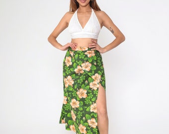 Gonna sarong hawaiana anni '90 gonna avvolgente floreale verde gonna lunga hippie lunga estate copricostume da spiaggia spacco frontale vintage anni '90 piccola media xs