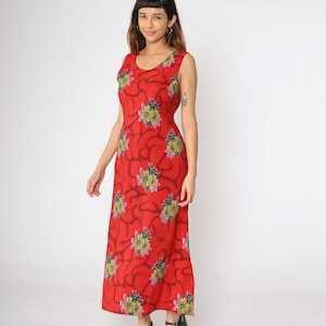 90s Floral Dress Red Flower Print Maxi Dress Boho Grunge SunDress Hippie Bohemian Vintage 1990s Sun Sleeveless Summer Small S