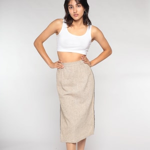 Tan Pencil Skirt 70s Woven Midi Skirt High Side Slit Retro Preppy High Waisted Wiggle Plain Secretary Skirt Vintage 1970s Extra Small xs