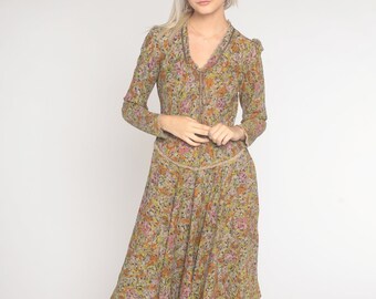 70s Floral Dress Long Puff Sleeve Knee Length Dress Boho Floral Print Bohemian Hippie Victorian Peasant Summer Fairy Vintage 1970s Medium M