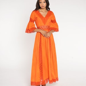 70s Mexican Dress Orange Bohemian Wedding Crochet LACE Sheer Bell Sleeve Pintuck V Neck Boho Hippie Vintage Empire Waist Extra Small xs