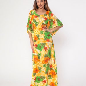70er Jahre Hawaii Maxi Kleid Kleid Engel Ärmel Floral Empire Taille Hippie Boho Festival Orange Grün Gelb Boho Vintage 1970er Jahre Small 4