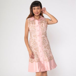 60s Metallic Lace Dress Pink Party Dress Illusion Neckline Evening 1960s Cocktail Button Up Shift Vintage Sleeveless Formal Small Medium 6/8