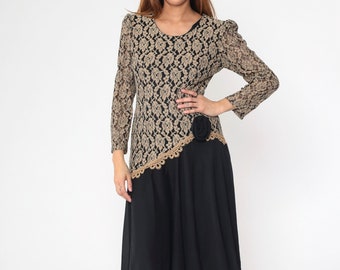 80s Party Dress Black Tan Lace Chiffon Dress Midi Prom Long Sheer Puff Sleeve 1980s Formal Dress Asymmetrical Drop Waist Vintage Medium