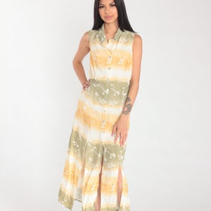 Striped Floral Dress Y2K Button Up Maxi Dress Front Slit Sleeveless White Orange Green Tie Dye Collared Shirtdress Vintage 00s Medium 10